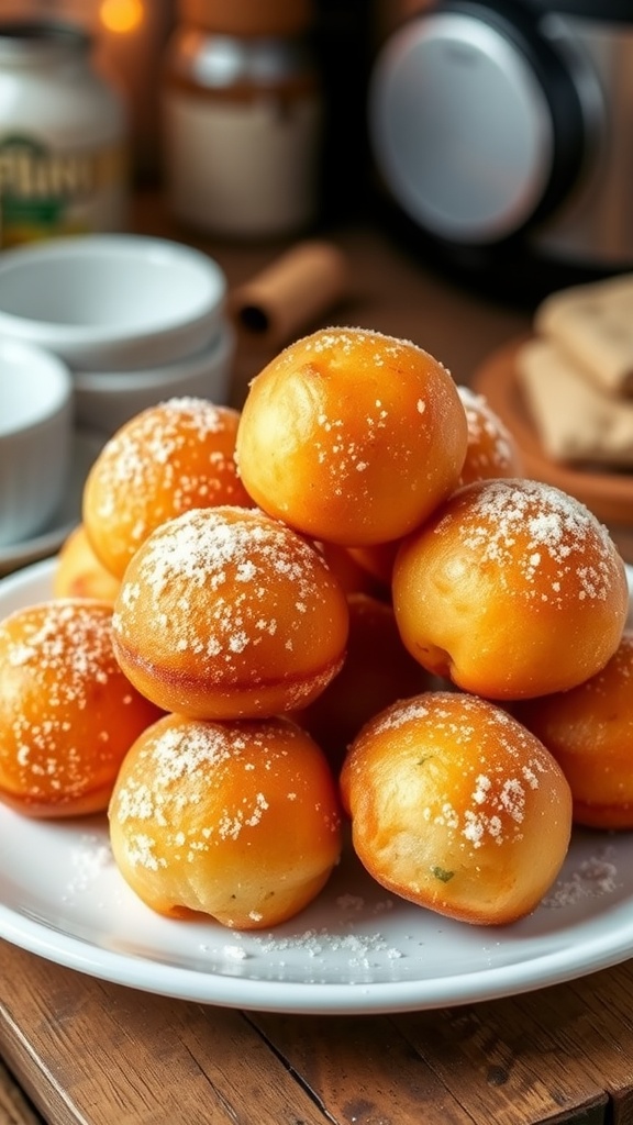 Golden brown donut holes dusted with sugar on a rustic plate.